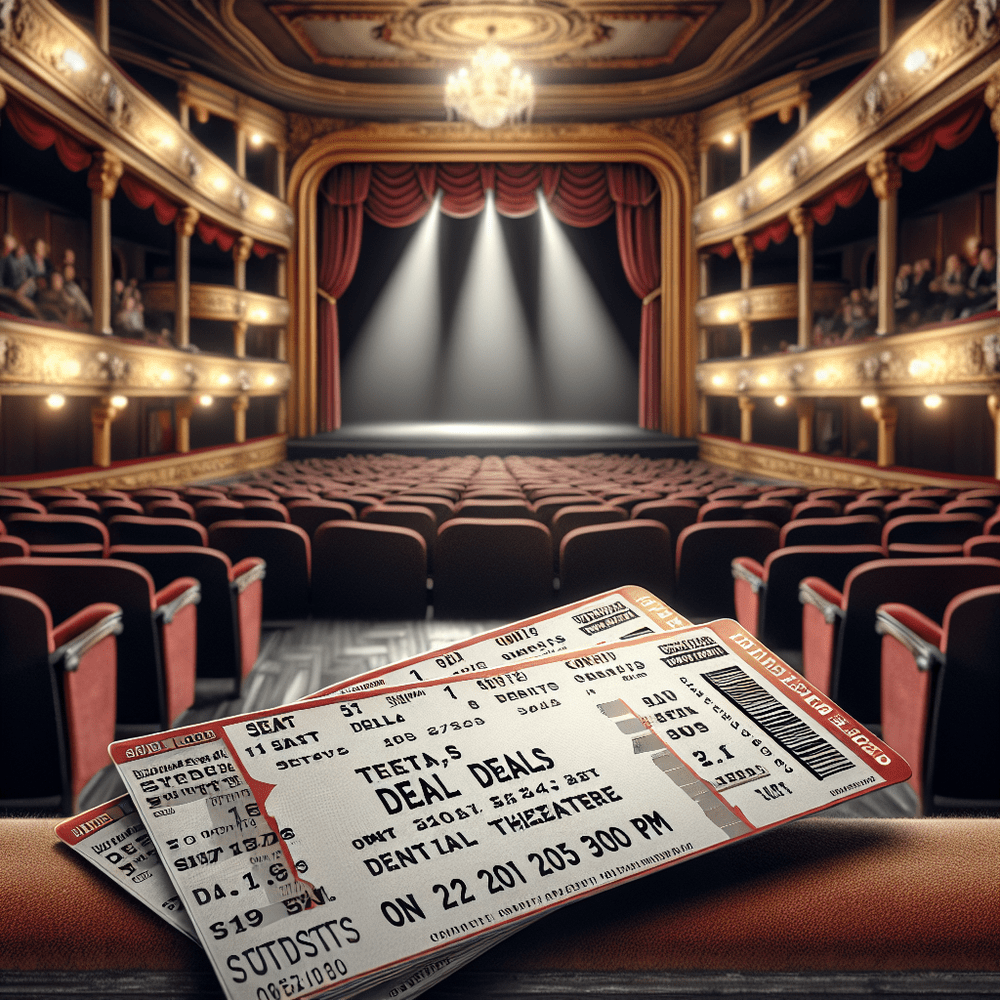 Realistic image of theatre tickets with deals displayed.